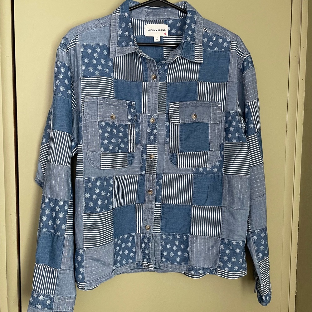 Lucky Brand patchwork button-down denim shirt fea… - image 1